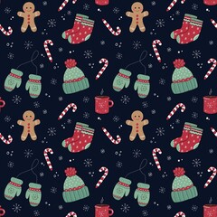 Seamless pattern with mittens, socks, gingerbread man, hat, lollipop and other elements.  The illustration is hand-drawn with vivid lines.
