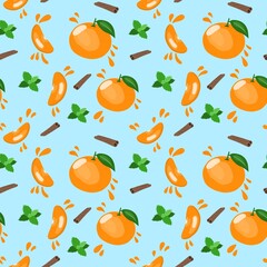 Seamless pattern with tangerines, cinnamon, and leaves. The illustration is hand-drawn with vivid lines.