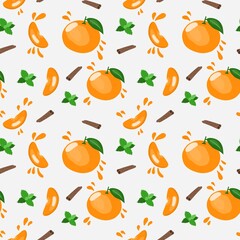 Seamless pattern with tangerines, cinnamon, and leaves. The illustration is hand-drawn with vivid lines.