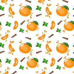 Seamless pattern with tangerines, cinnamon, and leaves. The illustration is hand-drawn with vivid lines.