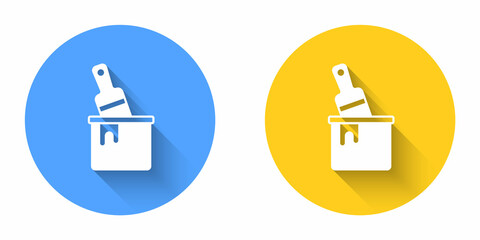 White Paint bucket with brush icon isolated with long shadow background. Circle button. Vector