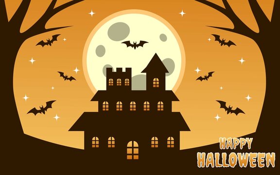 orange background design for halloween celebration for banner. ghost castle in silhouette style.
