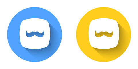 White Mustache icon isolated with long shadow background. Barbershop symbol. Facial hair style. Circle button. Vector