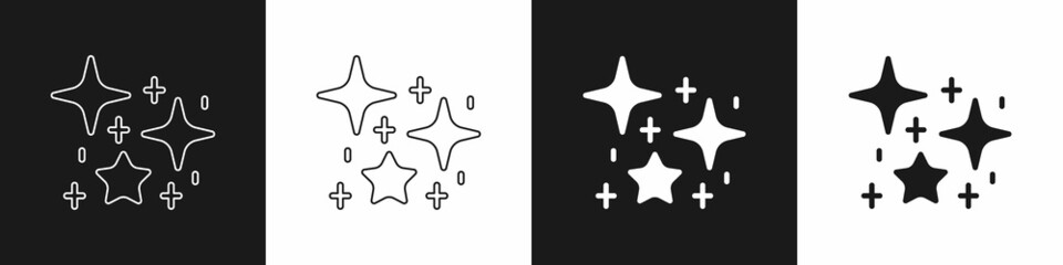 Set Sparkle stars with magical glitter particles icon isolated on black and white background. Magic christmas decoration. Vector