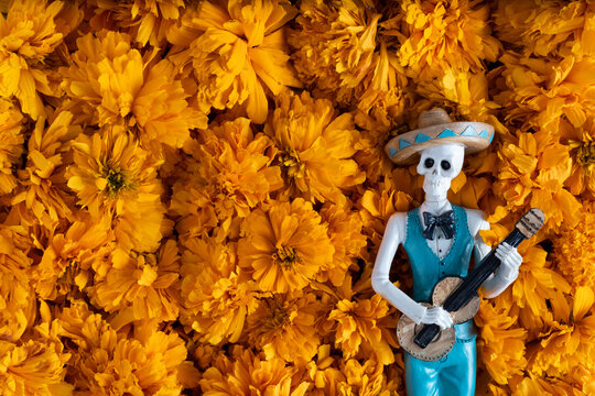 M&uacute;sico catrin con guitarra sobre fondo de flor de d&iacute;a de muertos