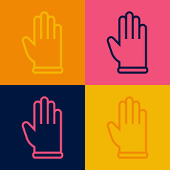 Pop art line Rubber gloves icon isolated on color background. Latex hand protection sign. Housework cleaning equipment symbol. Vector