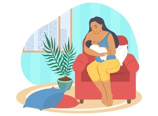 Happy mother breastfeeding newborn baby sitting in armchair, vector illustration. Happy motherhood, childcare, parenting