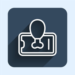 White line Food ordering on mobile icon isolated with long shadow background. Order by mobile phone. Restaurant food delivery concept. Blue square button. Vector