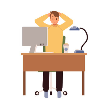 Office worker sits at desk with computer and stretches neck - flat vector illustration isolated on white background.