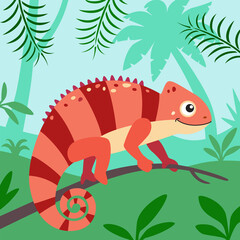 Chameleon lizard on jungle background, vector square illustration of indian chameleon in rainforest
