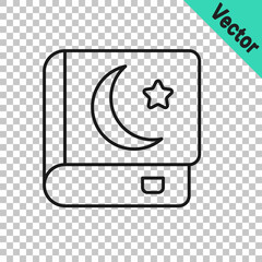 Black line Holy book of Koran icon isolated on transparent background. Muslim holiday, Eid Mubarak, Eid al-fitr, Ramadan Kareem. Vector