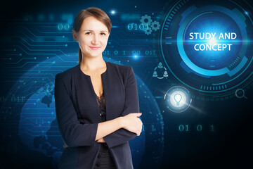 Business, Technology, Internet and network concept. Young businessman working on a virtual screen of the future and sees the inscription: Study and concept