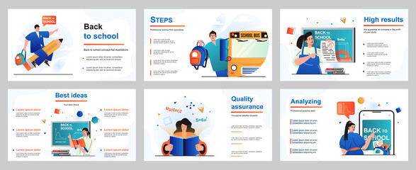 Back to school concept for presentation slide template. Pupils go to lessons, schoolgirls and schoolboys study. Students learning, receive education at college. Vector illustration for layout design