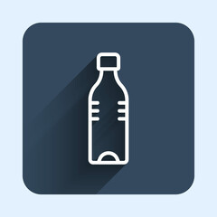 White line Bottle of water icon isolated with long shadow background. Soda aqua drink sign. Blue square button. Vector