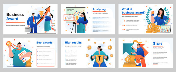 Business award concept for presentation slide template. Businessmen and businesswomen celebrating success, goal achievement, victory competition and win trophies. Vector illustration for layout design