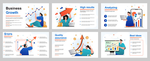 Fototapeta na wymiar Business growth concept for presentation slide template. Businessman and businesswoman analyze financial data, develop successful strategy, work management. Vector illustration for layout design