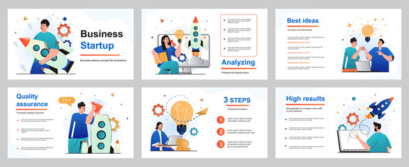 Obraz na płótnie Canvas Business startup concept for presentation slide template. Businessman and businesswoman create and launch new projects, development, innovation and investment. Vector illustration for layout design