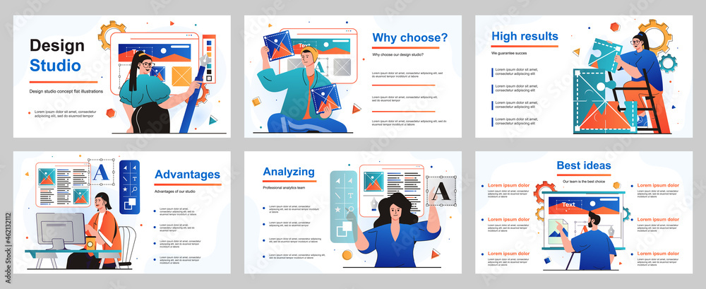 Poster design studio concept for presentation slide template. illustrators draw images, graphic elements, c