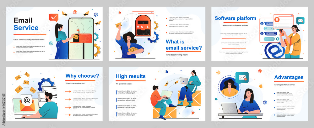 Poster email service concept for presentation slide template. people sending and receiving letters, adverti