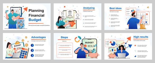 Fototapeta na wymiar Planning financial budget concept for presentation slide template. People make accounting analysis of statistics income and expenses, savings, financial plan. Vector illustration for layout design