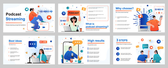Obraz na płótnie Canvas Podcast streaming concept for presentation slide template. People with headphones talking in microphone at live radio show. Listeners enjoying online broadcast. Vector illustration for layout design