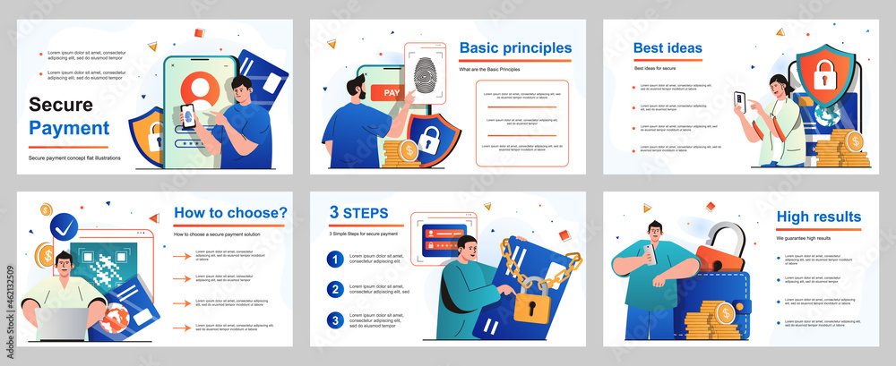 Poster secure payment concept for presentation slide template. people paying for goods and services online,