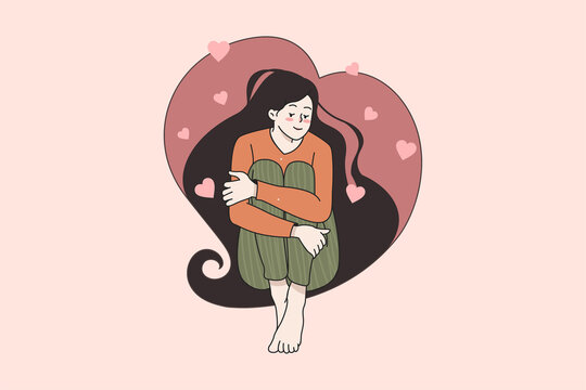 Happy girl sit in heart shaped hair image, flat vector illustrations. Smiling woman feel calm and balanced. Self love and care. Mental health, healing concept. Psychology therapy, positive thinking. 