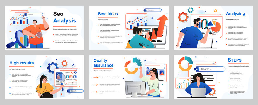 Seo Analysis Concept For Presentation Slide Template. People Analyze Website, Optimize Interface And Improve Content, Promote It To Top Search, Develop Strategy. Vector Illustration For Layout Design