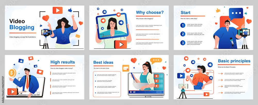 Poster Video blogging concept for presentation slide template. People creating videos on different topics. Bloggers are recording content or streaming live at channels. Vector illustration for layout design