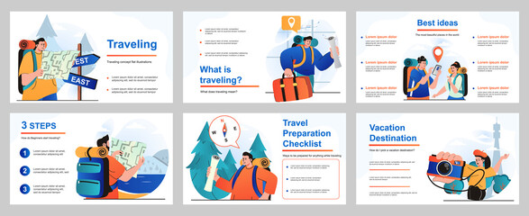 Traveling concept for presentation slide template. People with backpacks or luggage go on vacation for travel, hiking, visiting different cities and sightseeing. Vector illustration for layout design