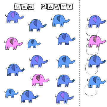How many counting game with funny elephants . Worksheet for preschool kids, kids activity sheet, printable worksheet