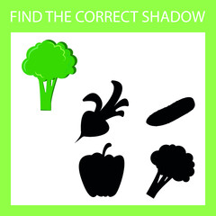 Find a shadow broccoli steam room. Match vegetable with correct shadow Preschool worksheet, kids activity worksheet, printable worksheet