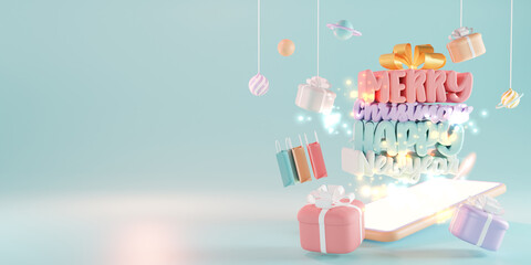 Obraz premium Christmas gift giving concept. Happy new year, Shopping online, 3d rendering.