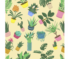 groundwort, echeveria, spathiphyllum, aloe and haworthia, guzmania and dieffenbachia, sansevieria, houseplant - illustration, vector seamless pattern on yellow background