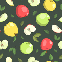 Pattern, illustration of colorful apples with leaves on a dark background..