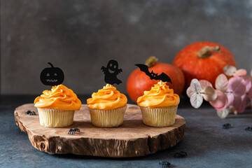 Cupcakes and pumpkin on a dark background. Sweets for the celebration of Halloween. Side view, horizontal. Bakery, confectionery