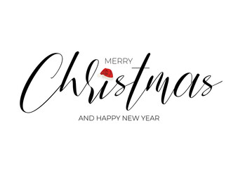 Merry Christmas, happy New Year calligraphic handwritten letters isolated on white background. Cute realistic Santa hat, creative vector illustration. Typography vector font, banner composition design