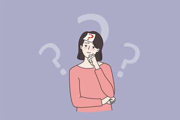 Doubtful pensive young woman with sticker note on forehead with question mark. Stressed unsure girl thinking making decision solving problem. Dilemma concept. Flat vector illustration.