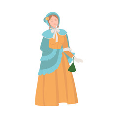 Woman in historical costume. Victorian woman in fashionable clothing cartoon vector illustration