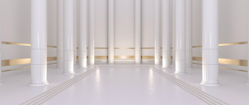 Golden And White Classic, Modern, Luxury Columns. Pillar Background - 3D Illustration