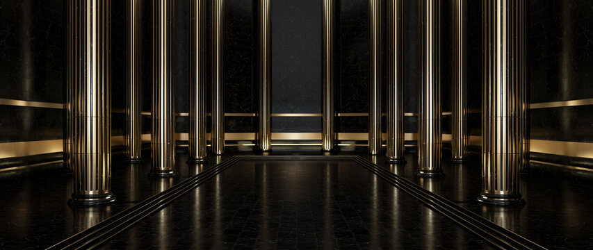 Golden And Black Marble Classic, Modern, Luxury Columns. Pillar Background - 3D Illustration