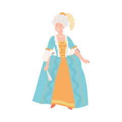 Woman in luxury historical costume of 18th century. Aristocratic Baroque and Rococo fashion cartoon vector illustration