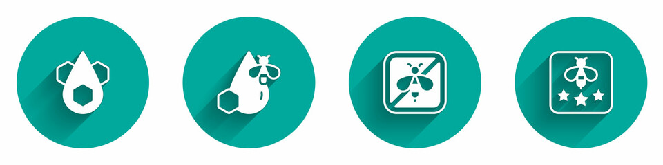 Set Honeycomb, Bee and honeycomb, Stop bee and Type of icon with long shadow. Vector