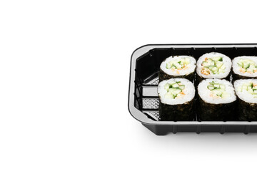 Set of delicious sushi rolls on white background