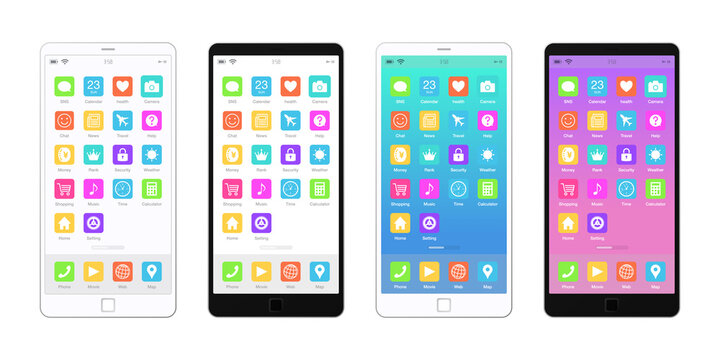 白と黒のスマートフォン、スマホアプリホーム画面のベクターイラスト素材