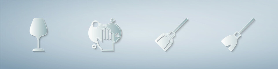 Set Wine glass, Sponge, Dustpan and Handle broom. Paper art style. Vector