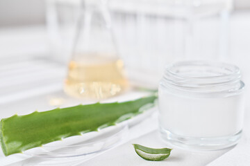 aloe vera face cream in a jar and aloe leaf. a laboratory Petri dish and glassware. dermatology concept. skin care cosmetic solution for nourishing and moisturizing. front view