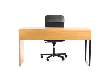 Empty wooden desk and chair on white background