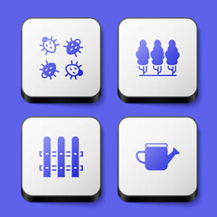 Fototapeta premium Set Colorado beetle, Fruit trees, Garden fence wooden and Watering can icon. White square button. Vector