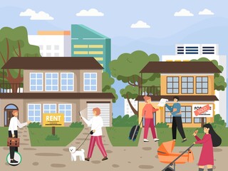 Real estate for sale or rent. People searching house with online service, flat vector illustration. Realtor agency.